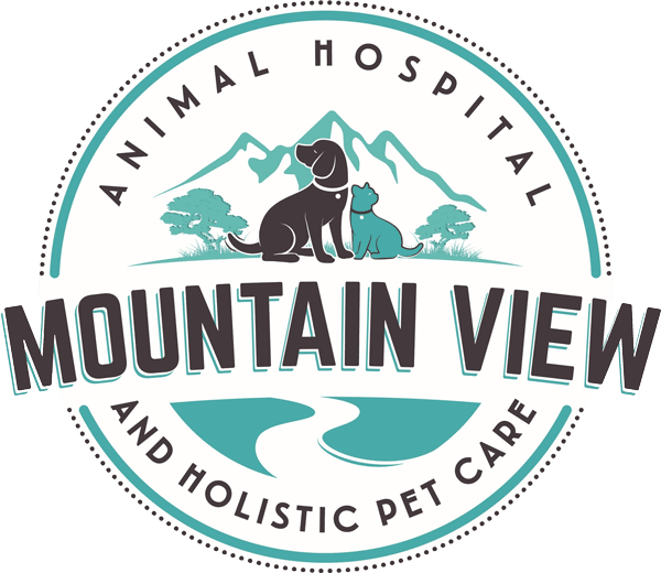 Circular logo for Mountain View Animal Hospital and Holistic Pet Care. Features a silhouette of a dog and cat against a mountainous backdrop with trees, in teal and white colors. Text encircles the image, with a winding road at the bottom. Ideal for highlighting top-tier veterinarian services.